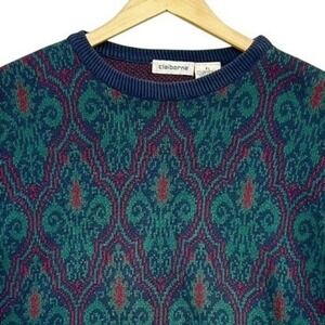 VTG Claiborne Knit Cosby Sweater Geometric Pattern Navy Green Pullover SZ XL USA